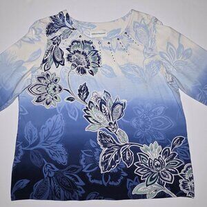 Alfred Dunner Blue White 3/4 Sleeve Blouse with Sequins Size Large